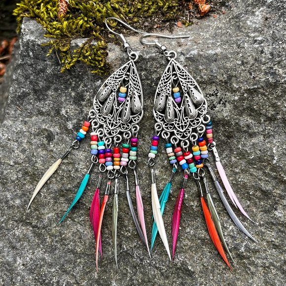 Boutique Jewelry - Silver Bohemian Feather Drop Earrings
